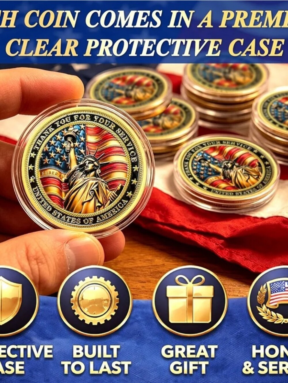 Patriotic Collectible Coins with Flag and Boot Design - Red, Blue, Gold - Picture 5 of 8